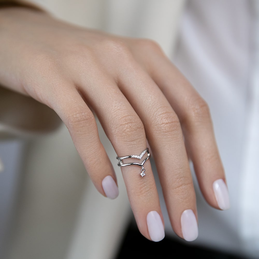 Double V Ring with Cubic Zirconia Pendant