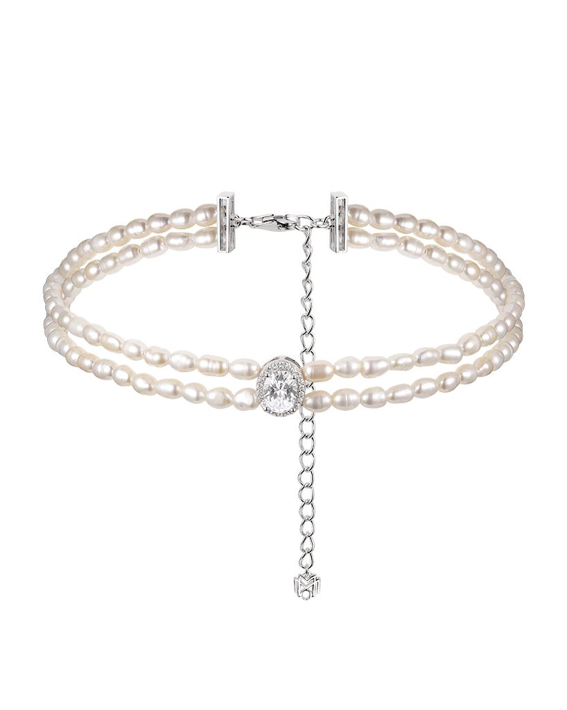 Pearl collar necklace with oval stone