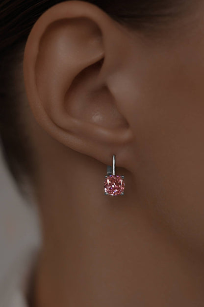 Earrings on French Lock with pink diamond imitation in Cushion cut