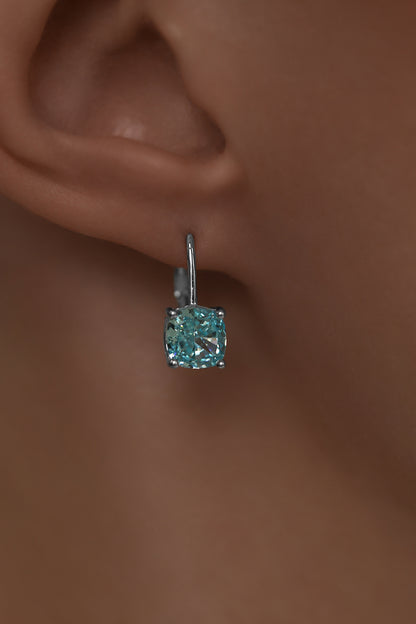 Earrings on French Lock with blue diamond imitation in Cushion cut