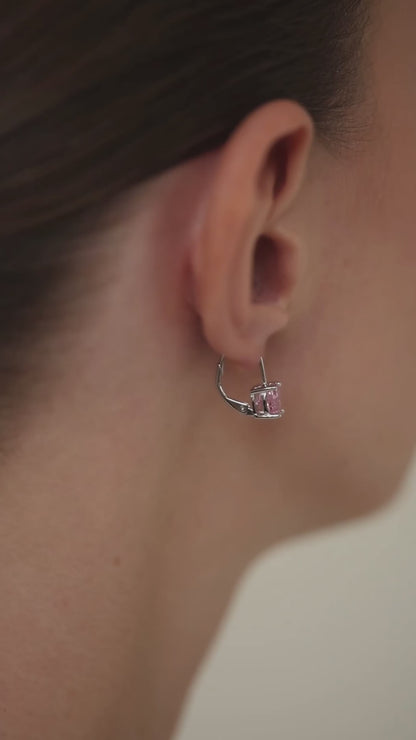 Earrings on French Lock with pink diamond imitation in Cushion cut