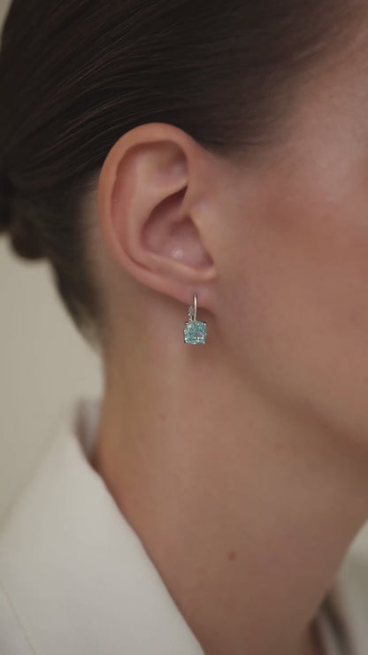 Earrings on French Lock with blue diamond imitation in Cushion cut
